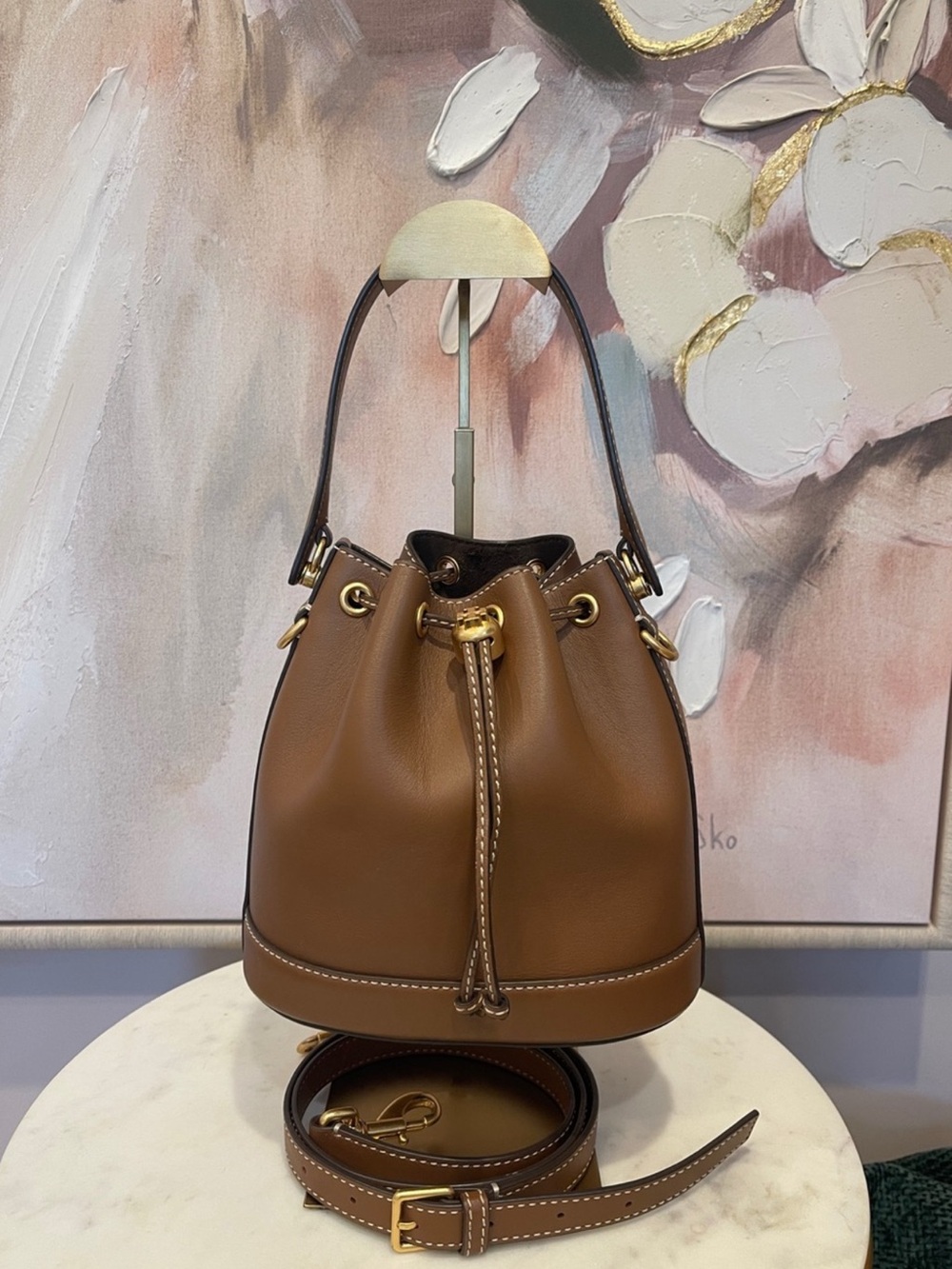 Tory Burch T Monogram Leather Bucket Bag in Brown Moose $349